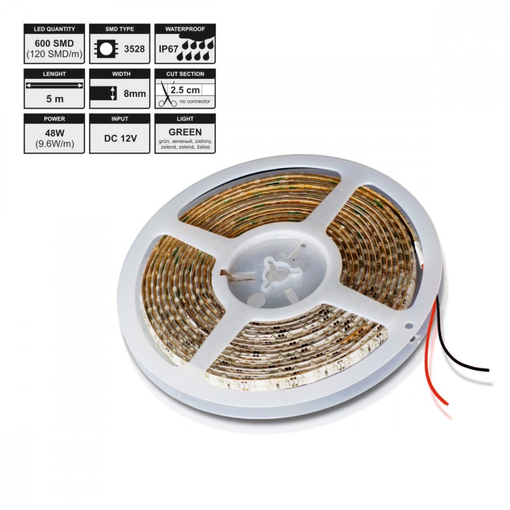 Taśma LED|5m|120szt/m|SMD3528|9.6W/m|12V|IP67|8mm|zielona|bez konektora