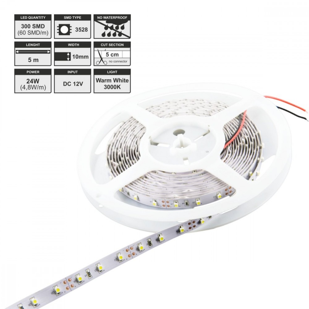 Taśma LED|5m|60szt/m|SMD3528|4.8W/m|12V|wew.|10mm|ciepła biała|bez konektora