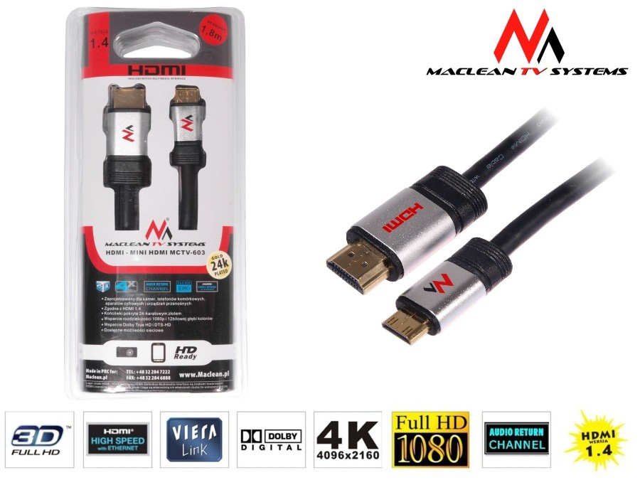 Kabel HDMI-miniHDMI 1,8m Kabel miniHDMI v1.4 BLISTER