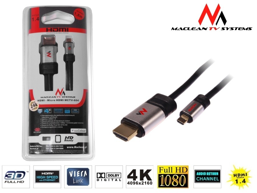 Przewód, kabel HDMI-microHDMI v1.4 1.8m Maclean MCTV-604   A-D